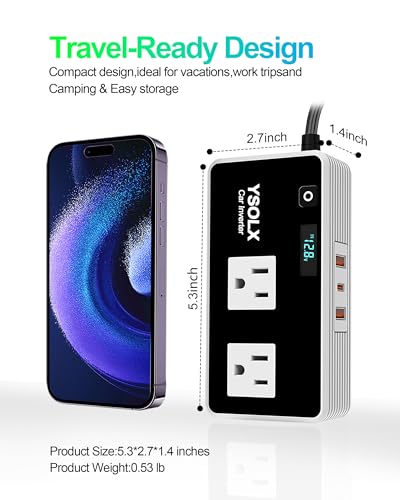 300W Car Power Inverters for Vehicles, YSOLX Car Inverter 12V to 110V with 3 USB Fast Charger and Car Plug Adapter Outlet for Laptop Computer Charger - size: 300W