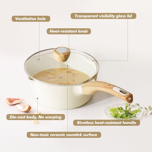 SENSARTE 1.5 & 2.5 Quart Ceramic Sauce Pan Sets with Lid, Cooking Pots Set, Nonstick Saucepan Set with Pour Spout, Small Kitchen Pot, Non toxic Saucepot, Induction Comptable, PFOA PTFE PFAS Free - color: Ceramic White, size: 1.5 + 2.5 Quarts
