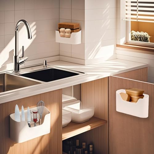 4Pcs Kitchen Cabinet Door Organizer, Adhesive Mount Inside Cabinet Door Storage, Under Sink Hanging Storage Basket for Kitchen Bathroom RV Office Garage Craft Room(White)