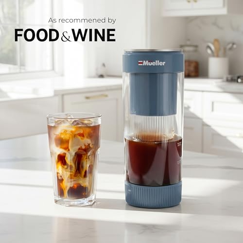 Mueller RapidBrew Cold Brew Iced Coffee Maker – 10 Min Fast Brew Portable Rechargeable Cold Brew Machine for Coffee & Tea – Adjustable Strength 10-99 Min – 20 Servings Per Charge, Mineral Blue - color: Mineral Blue