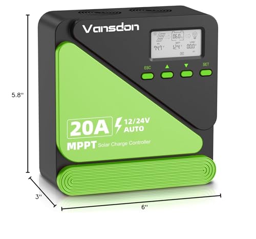 Vansdon 20A Solar Charge Controller 12V/24V MPPT Solar Charge Controller, Adjustable LCD with Timer, Dual USB Ports, for RV, Boat, Cabin, Off-Grid Systems, Compatible with FLD/LiFePO4/SLD/GEL/AGM - color: Light Green-20