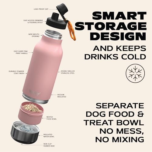 asobu Dog Barky Bottle – Insulated Stainless Steel Water Bottle with 2 Removable Dog Bowls for Food, Treats & Water – Pet-Friendly Travel Bottle for Hiking, Road Trips & Outdoor Adventures - color: Pink