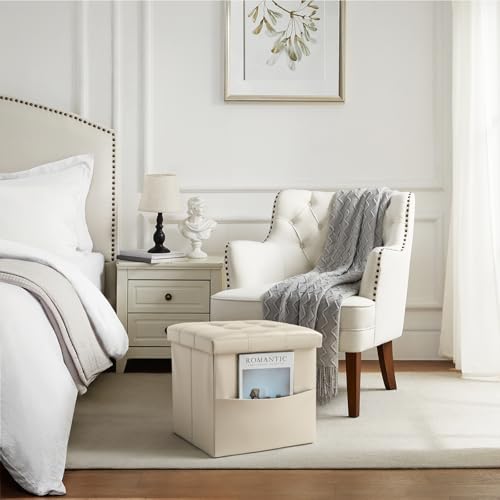 Bsketa Storage Ottoman Foot Rest Stool, Small Leather Storage Ottomans Bench, Folding Footstool with Side Pockets, Foot Rest Under Desk for Living Room Bedroom, 15x15x15 in, Beige - color: Beige-with Side Pockets
