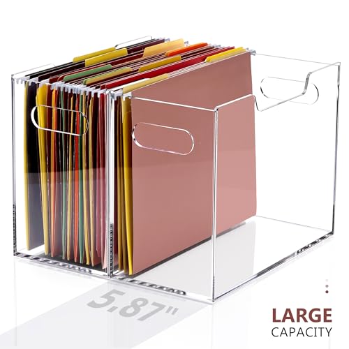 DINGHUO Hanging File Organizer, Acrylic File Holder with Handles, No Assembly Required, Clear File Crate Storage Box for Desk Office, Fits Standard Letter Size 8.5"x11" Folders - size: XL Letter