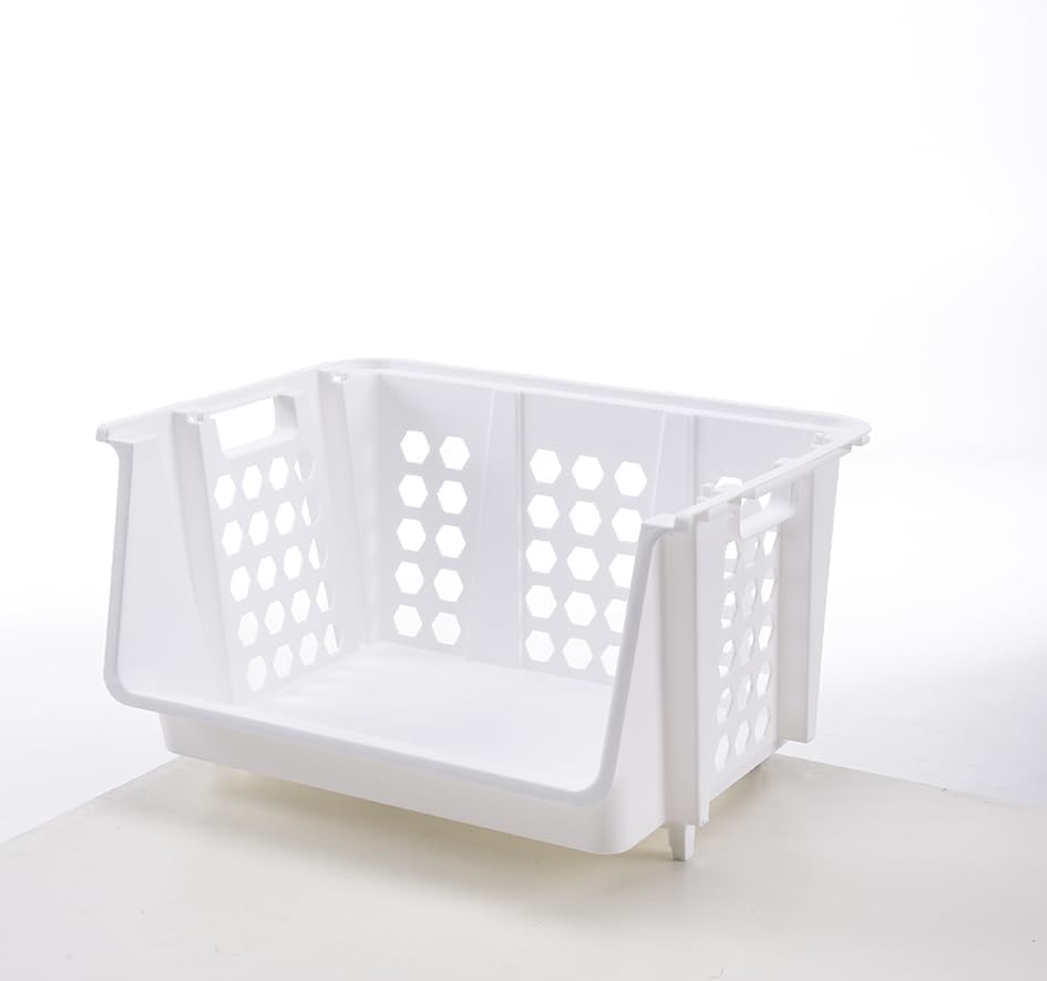 Large Stackable Storage Bins Open Front for Pantry Storage, 4 Pack - White | Sturdy Plastic, Easy Stacking, Open Front Access, Ventilated Sides, Vertical & Space Saving Pantry Organizers and Storage Bin