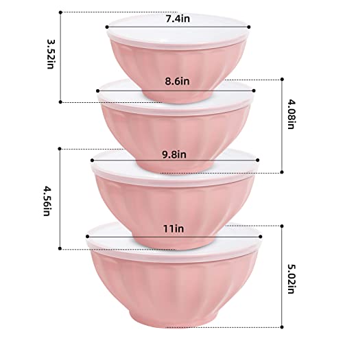Mixing Bowls with Lids Set,4 Piece Large Plastic Nesting Bowls,Includes 4 Microwave safe Mixing Bowl and An Egg Whisk for Kitchen Prepping,Baking,Cooking Food, Pink - color: Pink