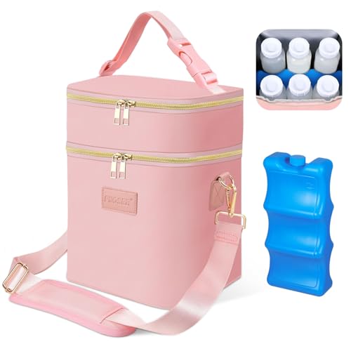 PIIOSER Breastmilk Cooler Bag with Ice Pack Fits 6 Baby Bottles Up to 9 Ounce, Insulated Baby Bottle Tote Bags, Double Layer Waterproof Leak-Proof with Shoulder Strap for Nursing & Working Mom (Pink) - color: Pink