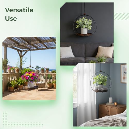 3 Pcs Hanging Plant Shelf, Round Wood Base with Black Metal Frame, Plant Holder with Adjustable Rope for Living Room, Balcony, Bedroom, Indoor Plant Display