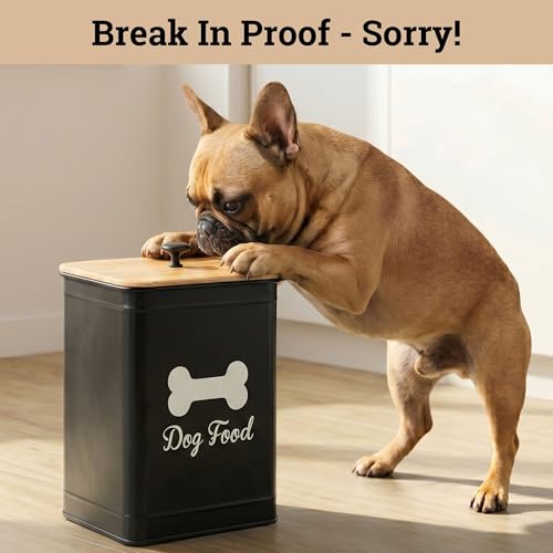 Dog Food Container Airtight 5-7 lb (25 Cup) Capacity - Cute Airtight Dog Food Storage Container with Bamboo Lid & Sturdy Metal Handle - Black Metal Kibble Storage Bin for Dogs up to 50 lbs - Pet Jar - color: Black