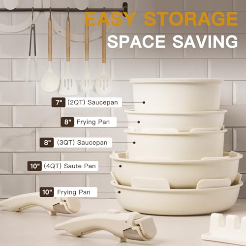 Astercook 21 Pcs Pots and Pans Set Non Stick, Ceramic Cookware Set Detachable Handle, RV Kitchen Cooking Set Removable Handles, Oven Safe, Induction Ready, Stackable, Cream, Fathers Day Gift for Men - color: Cream White, size: 21 Piece