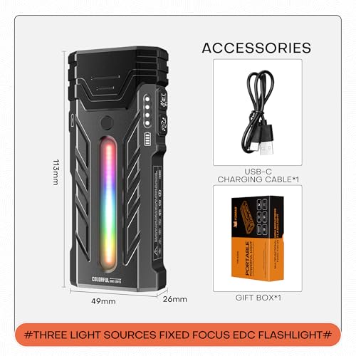 EDC Rechargeable Flashlight 3250 Lumens with RGB Light,55 Modes Multifunctional Flat Flashlight with Floodlight,Spotlight and Magnetic Base,Waterproof USB C Flashlight for Camping,Home,Emergencies - size: Large