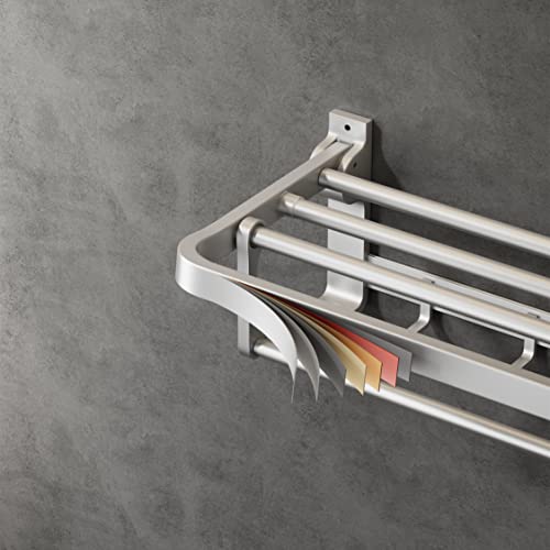 VOLPONE 24 Inch Towel Rack with Towel Bar Holder Foldable Towel Shelf with Movable Hooks Rustproof Towel Storage Wall Mount for Bathroom Lavatory Silver - color: Silver