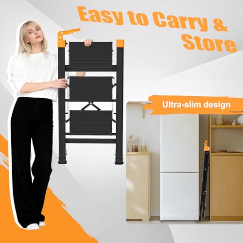3 Step Ladder with Single-Handrail, Aluminum Step Stool Foldable, Lightweight Sturdy Step Ladder with Anti-Slip Pedals,Convenient Handrail for Home Kitchen Closet, 600lbs Max Load Capacity (Yellow) - color: Yellow, size: 3 steps