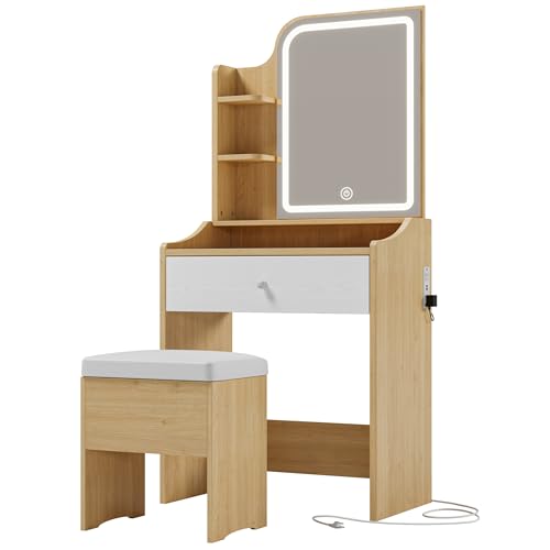 LIKIMIO Small Makeup Vanity Desk with Mirror and Lights, Vanity Table Set with Storage Drawer, Chair and Three Shelves, Bedroom, Wood - color: Wood