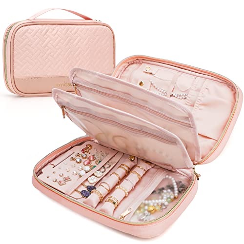 emissary Travel Jewelry Case Organizer for Necklace & Earrings, Pink | Padded slots & necklace ties keep jewelry tangle-free; double-zip, water-repellent travel case for rings & earrings - color: Pink