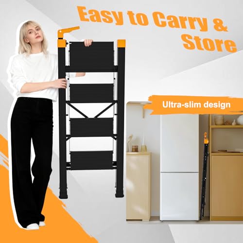 4 Step Ladder with Single-Handrail, Aluminum Step Stool Foldable, Lightweight Sturdy Step Ladder with Anti-Slip Pedals,Convenient Handrail for Home Kitchen Closet, 600lbs Max Load Capacity (Yellow) - color: Yellow, size: 4 steps