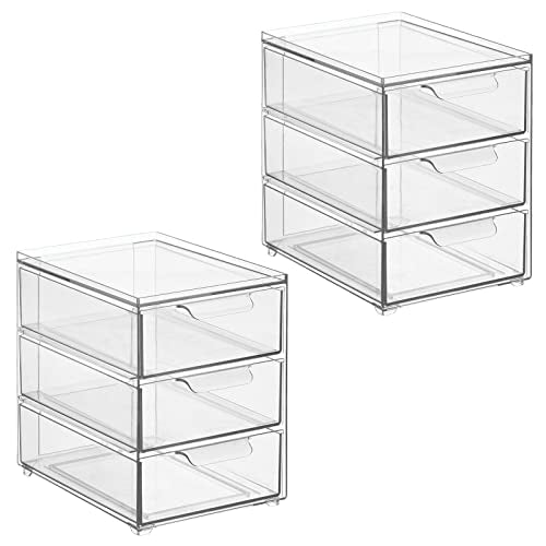 mDesign Plastic Stackable Organizer with 3 Drawers - Pull-Out Drawer Storage Bin for Bathroom Sink/Cabinet Organization - Perfect for Makeup, Small Towels, and More - Lumiere Collection, 2 Pack, Clear - size: 8 x 6 x 8 (Pack of 2)