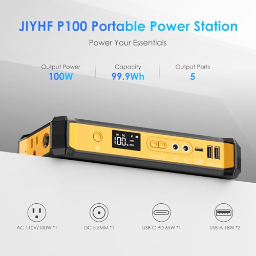 JIYHF Portable Power Station 99.9Wh, Laptop Charger & Backup Power with 65W USB-C PD, 100W AC Outlet, 12V DC Output, LED Light for Camping, Home Backup, Hurricane, Emergency, RV - style: P100 Orange