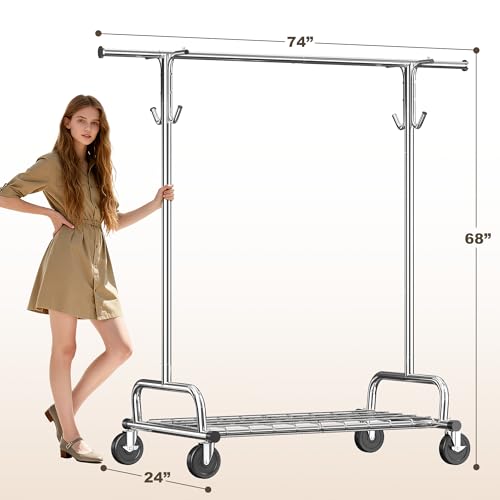 Raybee Heavy Duty Clothes Rack Load 485LBS, 74''W Clothing Rack with Mesh Shelf, Rolling Garment Rack with Adjustable Rail & Lockable Wheels for Bedroom, Laundry Room,Commercial - color: Chrome, style: Mesh Shelf