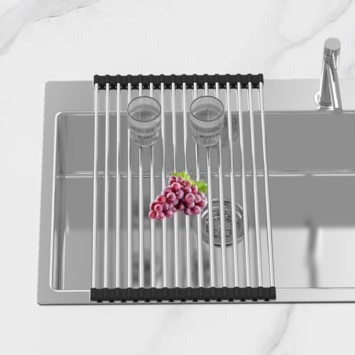 Extra Large Expandable Roll Up Dish Drying Rack,Over The Sink Drying Rack Sink Cover Kitchen Sink Accessories Kitchen Rolling up Stainless Steel Drainer, Foldable,Rollable(Black,22.8''-12.4'') - color: Black, style: 16 tubes,expandable