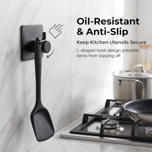 Fotosnow Black Adhesive Wall Hooks, 15lbs Stainless Steel Heavy Duty No Drill Towel Hooks for Bathroom Kitchen Home Hanging Robe Coat Hanger-6 Packs - color: Black-6 Pack