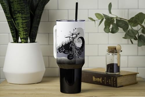 Silver Buffalo Disney Nightmare Before Christmas by Tim Burton Jack Skellington Hill and Moon Double Walled Stainless Steel Tumbler with Handle and Straw, Fits in Standard Cup Holder, 40 Ounces - color: Nightmare Before Christmas Hill and Moon Scene