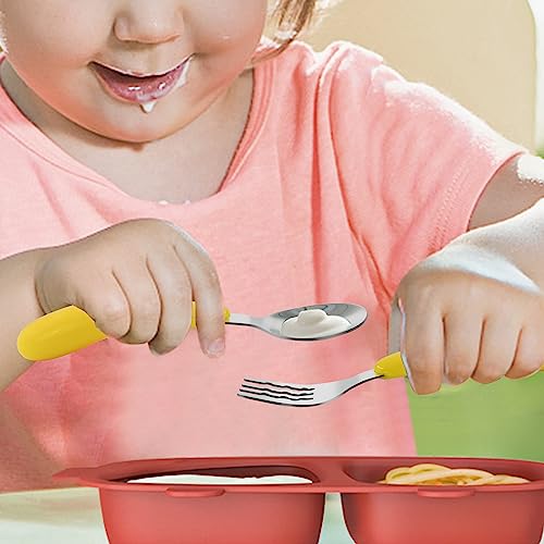 VANRA 2 Pieces Toddler Fork and Spoon Set with Travel Case 18/8 Stainless Steel Toddler Utensils Kids Silverware Children Flatware Child Cutlery Set for School Lunch Box (Yellow) - color: Yellow