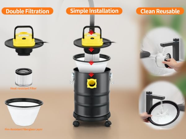 Fireplace Ash Vacuum Cleaner, 4 Gallon Heat Resistant Lightweight Canister Vacuum Cleaner with 1000W Powerful Suction Blowout for Fireplaces, Pellet Roasters, Woodstoves Pellet Ash Vacuums - size: 4 Gallon
