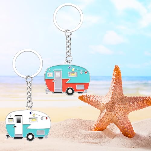 Thinp 2 Pieces Camper Keychain, RV Camper Keyring Accessories for Travel Trailers Enameled Metal Retro Camping Car Keychain - color: Green+red