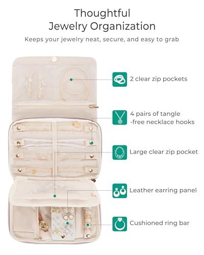 Marscamd Travel Jewelry Organizer Case for Women, Foldable Jewelry Bag for Earrings, Rings, Necklaces, Bracelets, Brooches, Pink - color: Pink