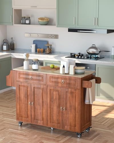 Qsun Kitchen Island with Drop Leaf and Storage, on Wheels Two Drawers, Large Storage Cabinet, Towel Rack Spice Cart Brown - color: Brown