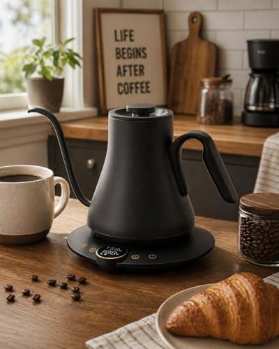 Cocinare Gooseneck Electric Kettle, ±1°F Precise Temperature Control, 1500W Fast Heating, Pour Over Coffee & Tea Kettle with Brew Timer & Keep Warm, Stainless Steel, 0.9L (Matte Black) - color: Matte Black