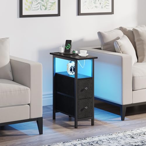 TRIFEBLE End Table with Charging Station, Narrow Side Table with 2 Fabric Drawers, Skinny Nightstand with LED Light, Slim Bedside Table for Bedroom, Living Room, Small Spaces, Black - color: Black
