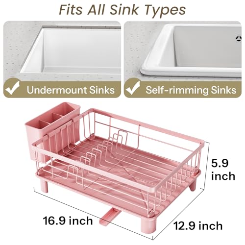 SNTD Dish Drying Rack - Small Dish Rack for Kitchen Counter, Stainless Steel Dish Drainer with Utensil Holder and Drainboard, 12.9" W x 16.9" L (Pink) - color: Pink, size: 12.9" W x 16.9" L