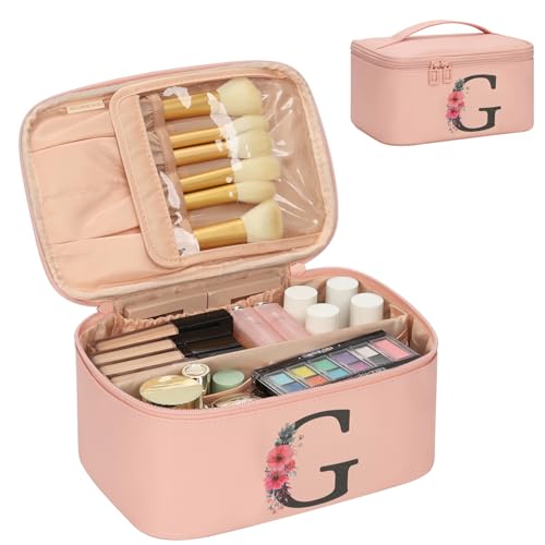 OCHEAL Initial Makeup Bag,Monogram Make up Bag Pink Travel Makeup Organizer Case Beauty Toiletry Cosmetic Bag with Brush Holder, Trendy Stuff Personalized Gifts for Women and Girls-G - color: Pink, style: G