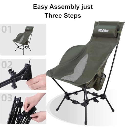 Wildhiker Compact High Back Camping Chair - Foldable with Dual Sitting Modes, Pillow, Arm Pads and Side Pockets - Lightweight Portable Chair for Motorcycle, RV, Festival, Travel - Black - color: Black