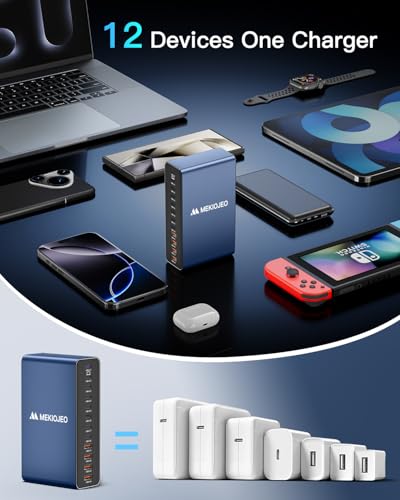 MEKIOJEO 12 Ports Aluminum Alloy 380W Charging Station Fast USB C Charger Block 65W Laptop GaN Charger for MacBook Pro/Air/iPad Pro/iPhone (Blue) - color: Blue