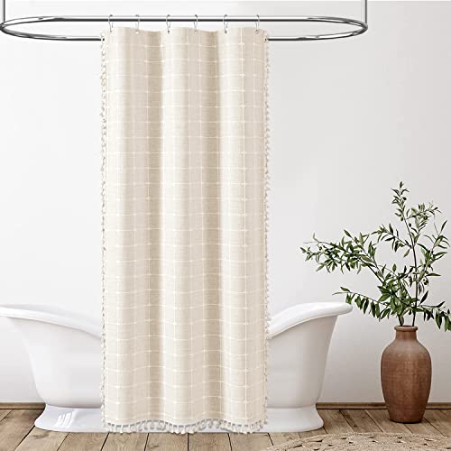 BTTN Boho Shower Stall Curtain - 36x72 Narrow Linen Ultra Thick Tassel Fabric Shower Curtain Set with 6 Plastic Hooks, Half Camper RV Modern Farmhouse Country Shower Curtains for Bathroom, Cream/Beige - color: A - Cream, size: 36"W x 72"L (Pack of 1)