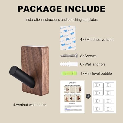 4 Pack Wooden Wall Hooks for Hanging, Adhesive Mounted & Wall Mount Boho Decorative Walnut Wood Coat Hooks for Towel Clothes Blanket Hat Backpack Robe Nursery Door Board Entryway Key Holder - size: 3.1 inches