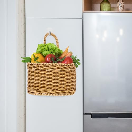 Cabilock Small Wall Hanging Basket | Boho Plastic Woven Kitchen Organizer | Compact 7.5 x 7.5 x 9.25 in size for small fruit, garlic, keys, or faux flowers