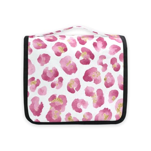 Pink Leopard Hanging Toiletry Makeup Bag Cheetah Print Toiletries Cosmetics Organizers Bags for Women Travel - color: Pink Leopard