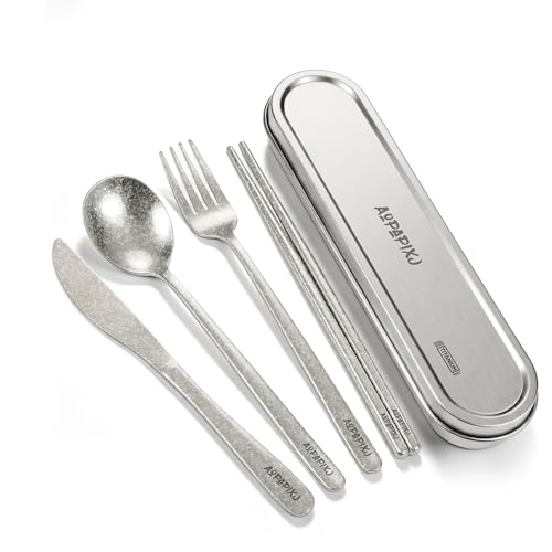 100% Pure Titanium Cutlery Set, Snowflake Pattern Titanium Tableware with 304 Stainless Steel Case & Silicone Holder, Ultralight Portable Utensils with Bonus Carry Bag for Camping - color: Pure Titanium
