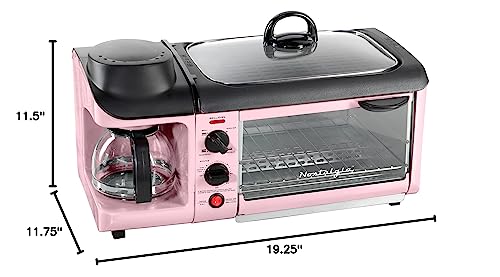 Nostalgia 3-in-1 Breakfast Station - Includes Coffee Maker, Non-Stick Griddle, and 4-Slice Toaster Oven - Versatile Breakfast Maker with Timer - Pink - color: Pink, style: Classic Retro