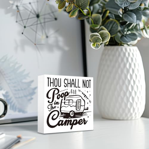 Thou Shall Not Poop in the Camper Sign, Camper Sign, Rustic Box Sign Decor Tabletop, Camper Rules Sign, Farmhouse Camping Sign, Campsite Decoration, White Wooden Box Sign, Table Shelf Decor