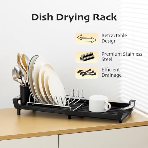 Extendable Dish Drying Rack, Stainless Steel, Over Sink or Counter, with Utensil Holder