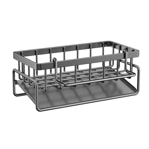 Sponge Holder for Kitchen Sink with Rag Holder, Kitchen Countertop Organizers and Storage Essentials, Rustproof Carbon Steel, Soap Dispenser Organize (Grey)