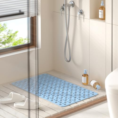 HITSLAM Bathtub Mat Non Slip, Soft TPE Bath Mat for Tub, Efficient Drainage Bathroom Shower Mat with Suction Cups, Bath Tub Mat, Easy to Clean, 28 x 15 Inch, Blue - color: Blue, size: 28" x 15" (Rectangular)