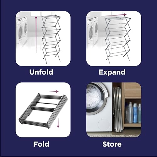 BLACK+DECKER 4-Tier Expandable Collapsible Clothes Drying Rack, Telescopic Height, Foldable Space-Saving Laundry Air Dryer for Towels, Shirts & Delicates – Durable Steel, No Tools Needed - color: Grey/Grey