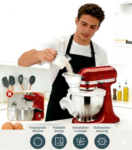 3-Piece Set: Silicone Flour Funnel & Bowl Cover for KitchenAid Mixer 4.5-5 Qt Tilt-Head, Splash Guard Lid with Foldable Measuring Cup for Dough Proofing & Mixing, KitchenAid Mixer Accessori (White) - color: White