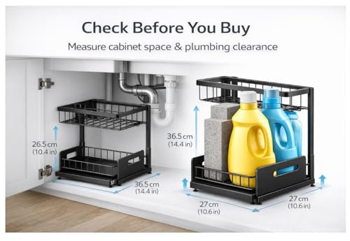 Under Sink Organizer 2 Tier Sliding Storage Rack – Carbon Steel Pull Out Cabinet Shelf for Kitchen & Bathroom, Heavy Duty Metal Under Cabinet Organizer.